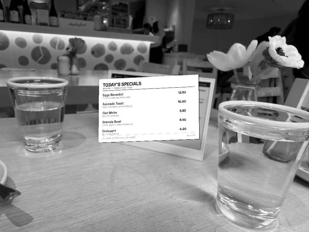 INKdash e-ink display showing daily specials menu in a cafe