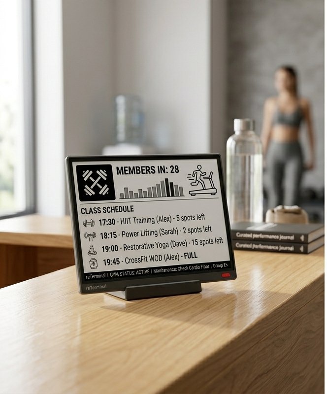Inkdash on a gym counter showing class schedule and members